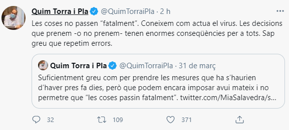 TUIT Quim Torra Corornavirus restricciones TUIT Quim Torra Corornavirus restricciones