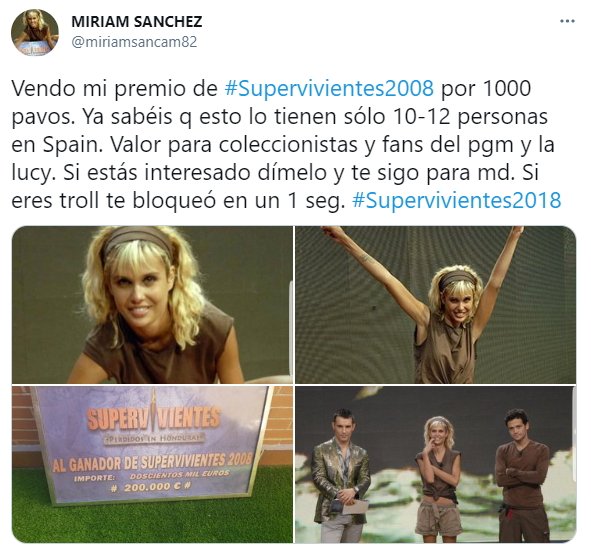 tuit Miriam Sánchez vende título Supervivientes