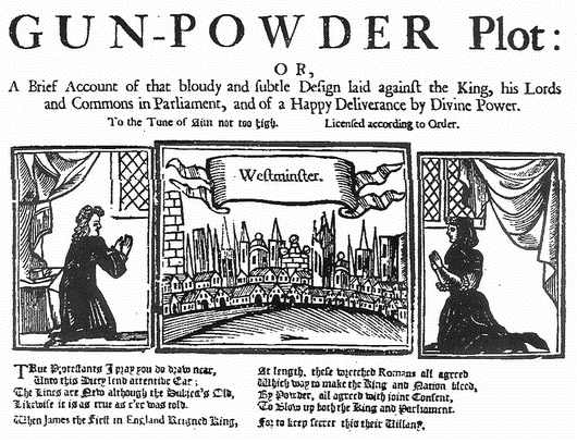 Ilustración del Complot de la Pólvora (circa 1675). Fuente English Broadside Balled Archives