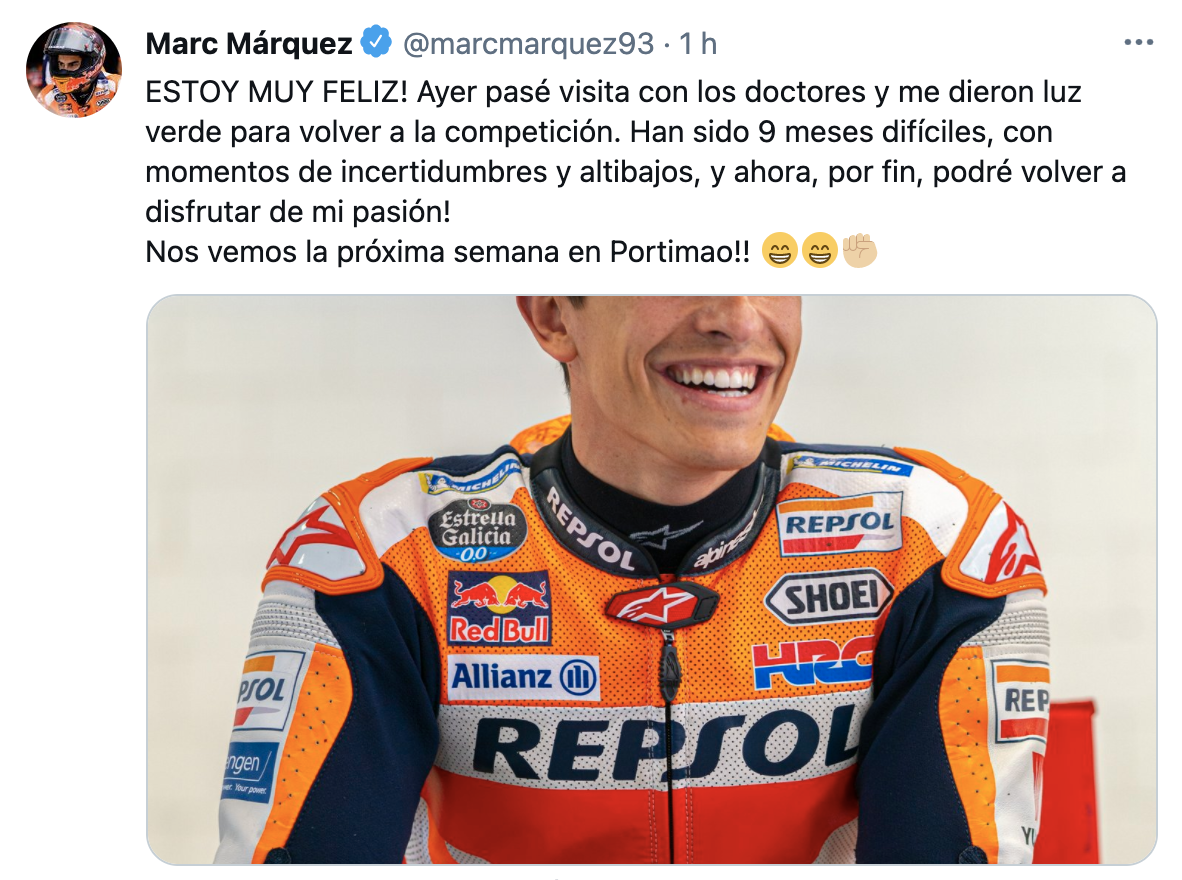 Marc Marquez recuperacion alta medica TUIT