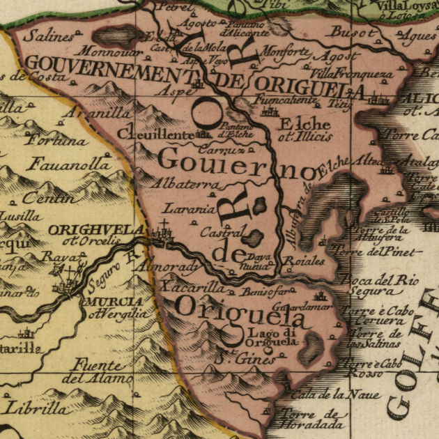 El poble valencià es rebel·la contra el regim senyorial borbònic. Mapa del terç sud del País Valencià (segle XVIII). Font Cartoteca de Cataunya