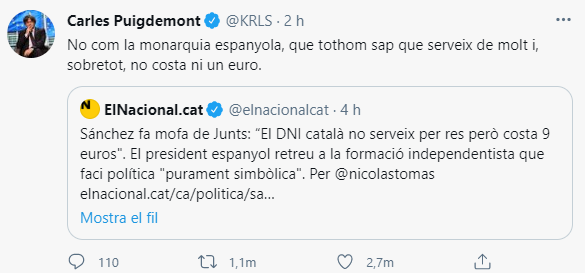 TUIT Puigdemont respuesta Sánchez DNI catalan