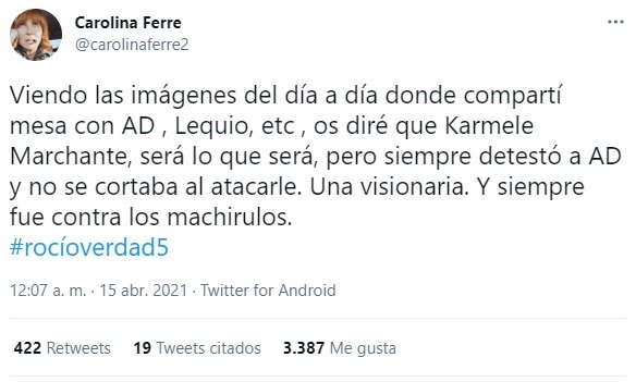 Carolina Ferre en su cuenta de Twitter