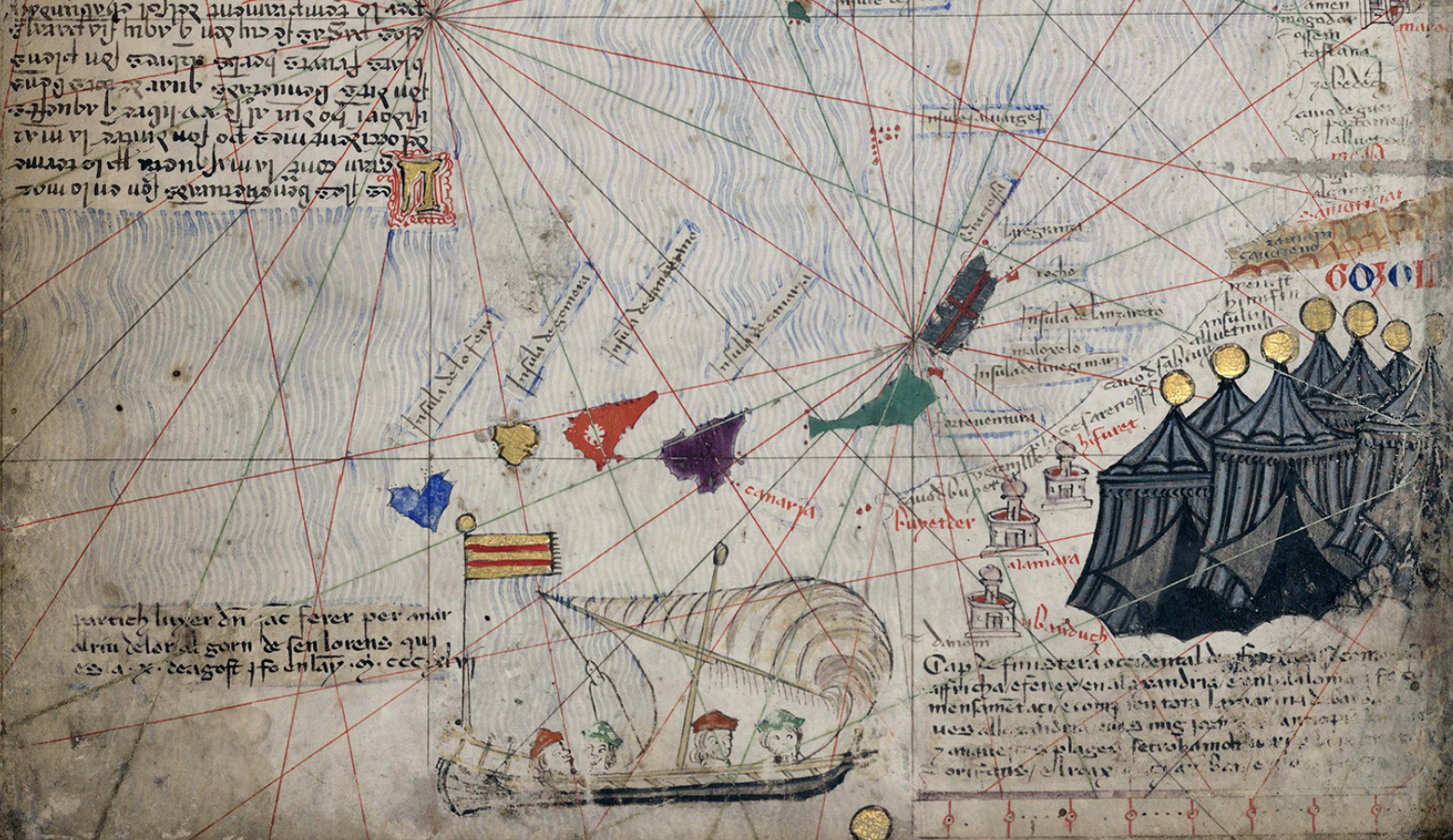 Fragment de l'Atles Català d'Abraham Cresques (1375) que cartografia la costa nord occidental africana. Font Bibliothèque Nationale de France