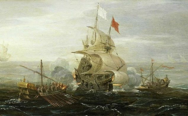 Representació d'un atac corsari berberisc a una nau comercial francesa. Font Wikimedia Commons