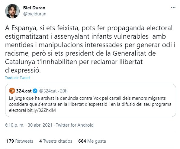 Biel Duran mensaje a la justicia española @bielduran