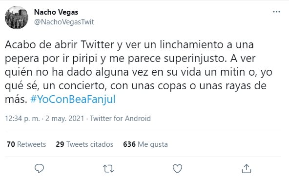 Tuit Nacho Vegas sobre Bea Fanjul