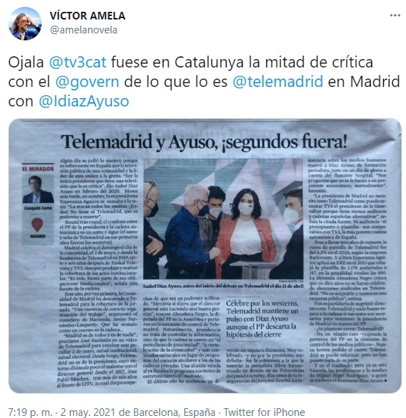 tuit Víctor Amela compara Telemadrid TV3