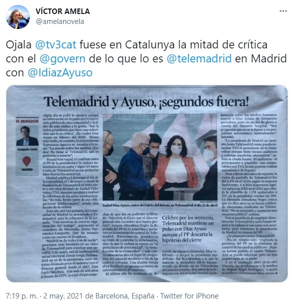 tuit Víctor Amela compara Telemadrid TV3