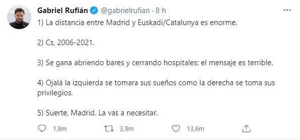 TUIT Gabriel Rufian Ayuso elecciones Madrid