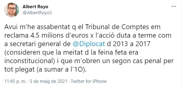 El Tribunal de Cuentas reclama 4,5 millones a Albert Royo del Diplocat