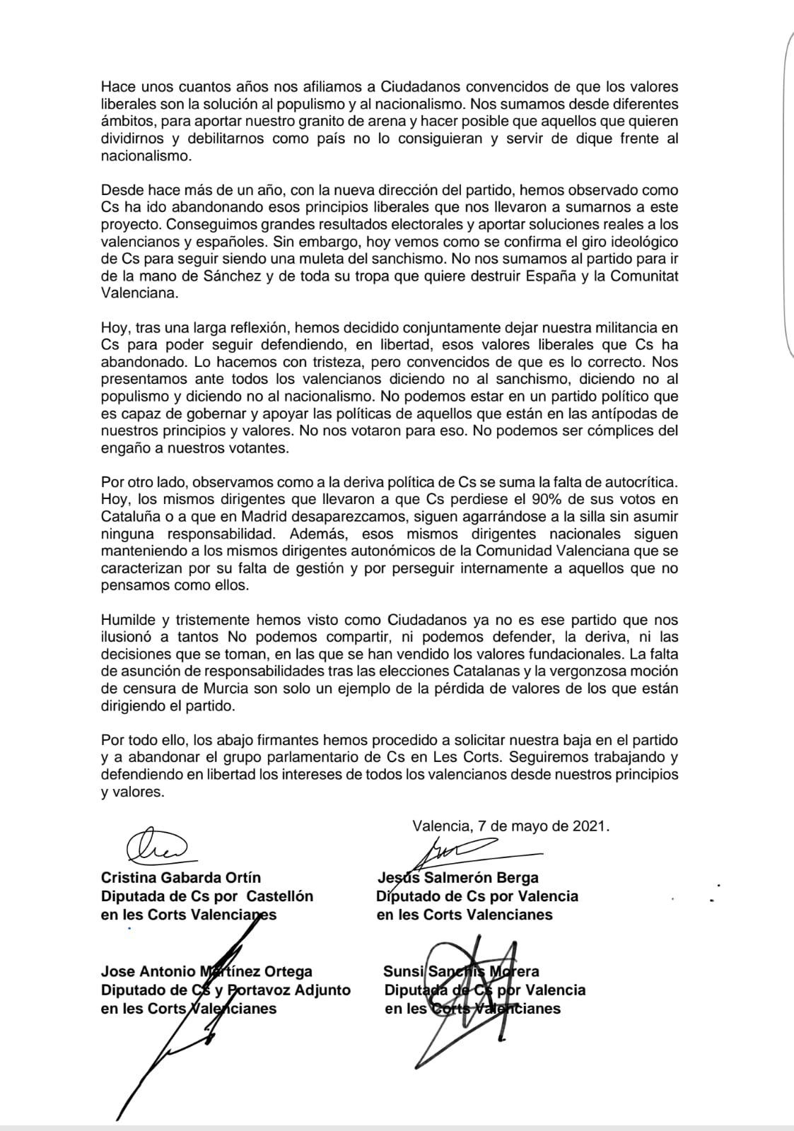 Carta Ciutadans Corts valencianes