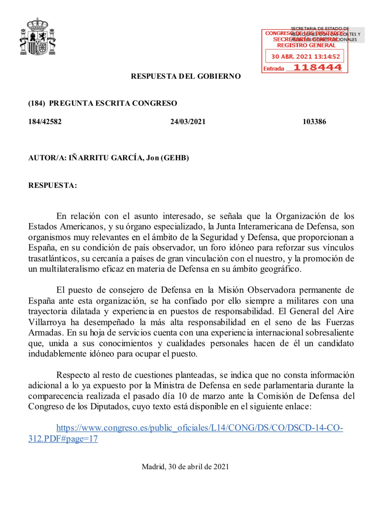 Carta Congrios Gobierno Iñarritu