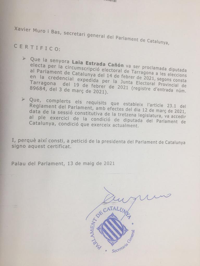 certificat Parlament Laia Estrada