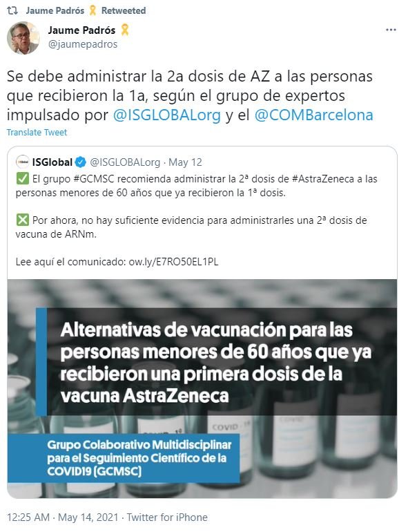 @jaumepadros segunda dosi astrazeneca TUIT