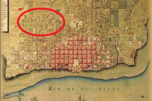 Plano de Buenos Aires (1750). Encerclat l'espai on naixeria i creixeria el barri de Montserrat. Font Universidad Nacional de Rosario