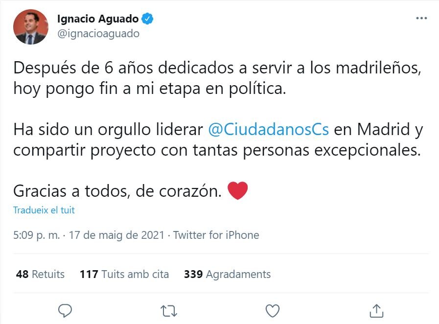 TUIT Aguado deja política TUIT Aguado deja política