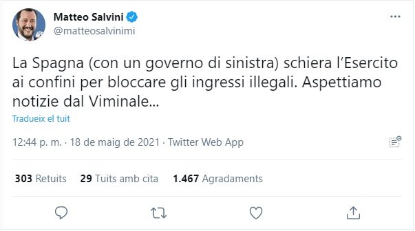 TUIT Matteo Salvini crisi migratoria Ceuta