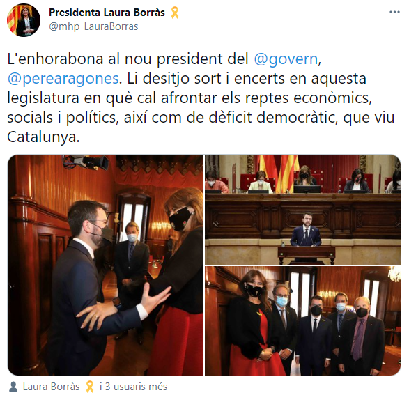 Presidenta Parlamento Laura Borràs felicita presidente Gobierno Aragonès