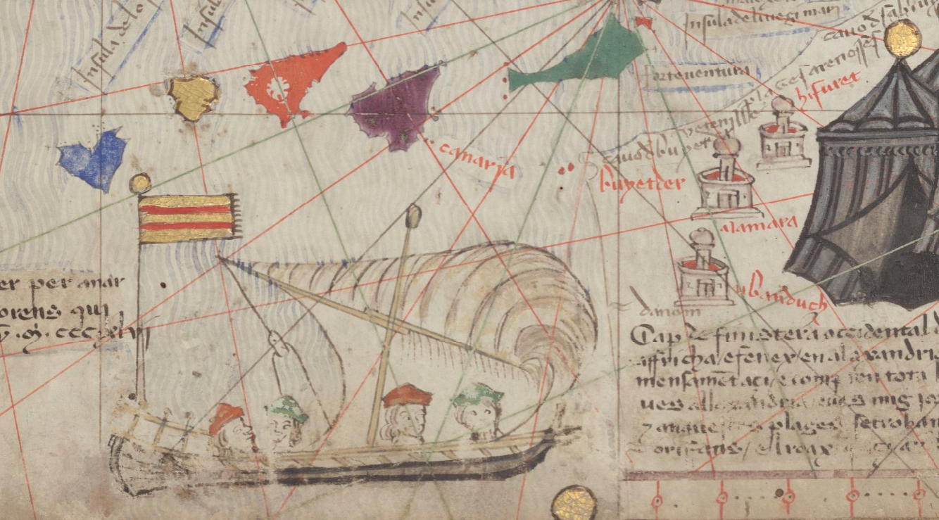 Alegoría del viaje exploratorio de Jaume Ferrer (1346) en el Atlas Catalán de Abrahán Crezcas (1375). Fuente Bibliothèque Nationale de France