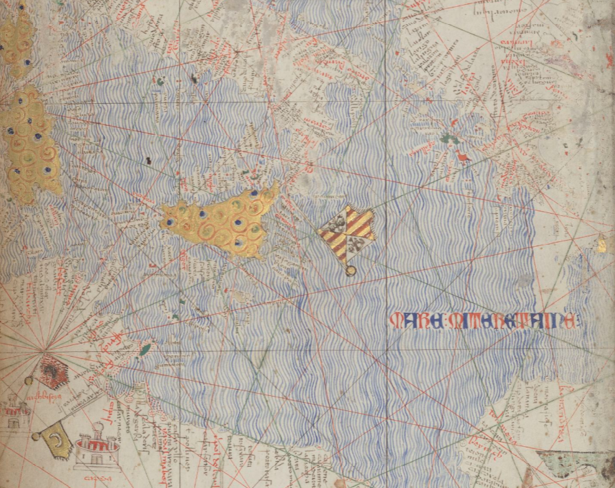 Fragmento del Atlas Catalán de Abrahán Crezcas (1375). El Mediterráneo central (la isla de Sicilia). Fuente Bibliothèque Nationale de France