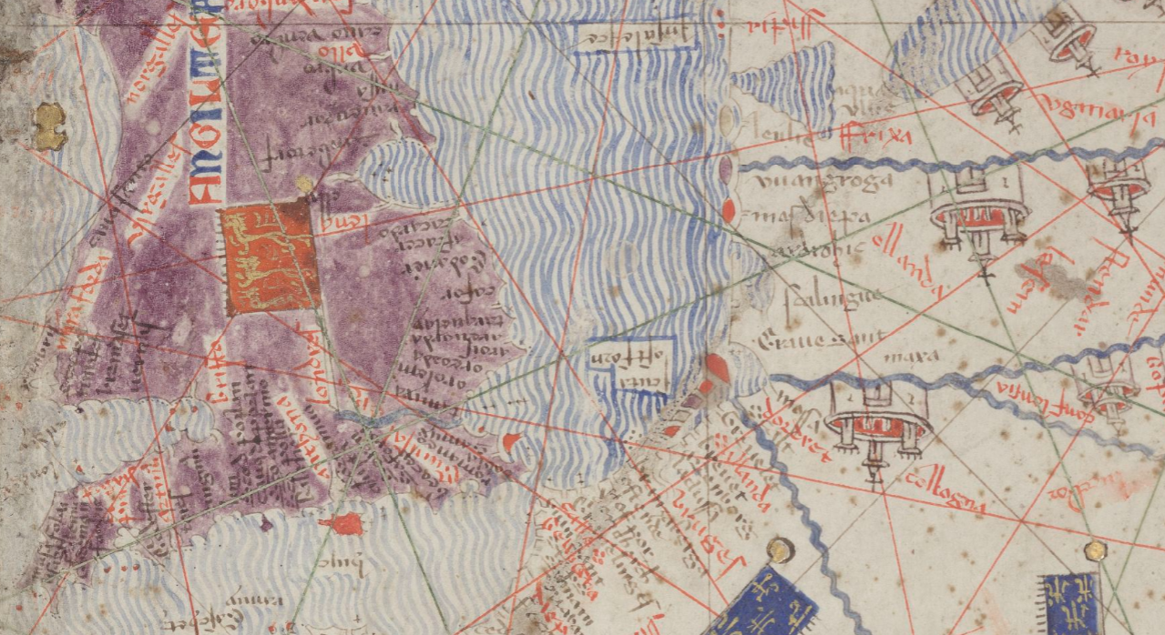 Fragmento del Atlas Catalán de Abrahán Crezcas (1375). Las costas del Atlántico norte y del extremo occidental del Baltic. Fuente Bibliothèque Nationale de France