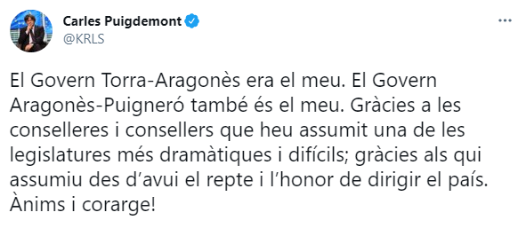 TUIT CARLES PUIGDEMONT FELICITANDO NUEVO GOBIERNO