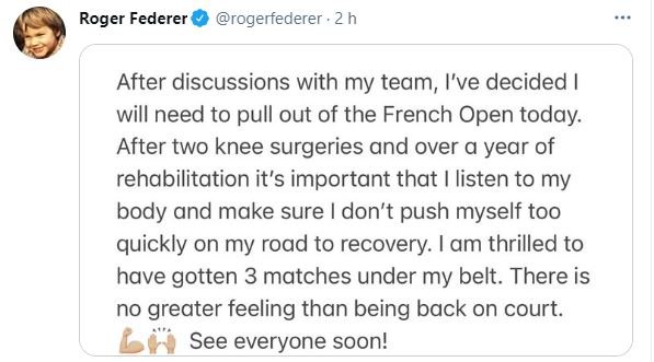 Roger Federer Roland Garros abandona TUIT