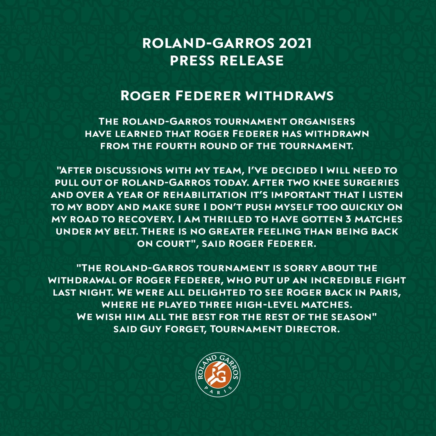 Roland Garros comunicado Roger Federer abandono TUIT