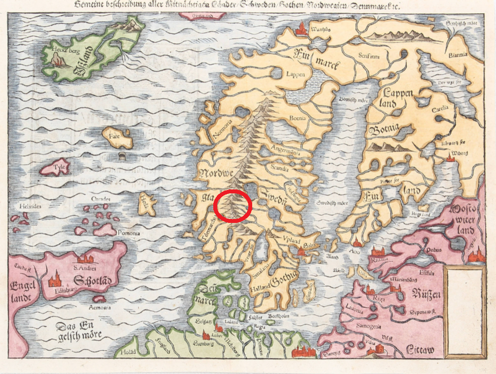 Mapa d'Escandinavia (segle XVI). Encerclat en vermell el comtat d'Innlandet. Font Museu Nacional d'Estocolm