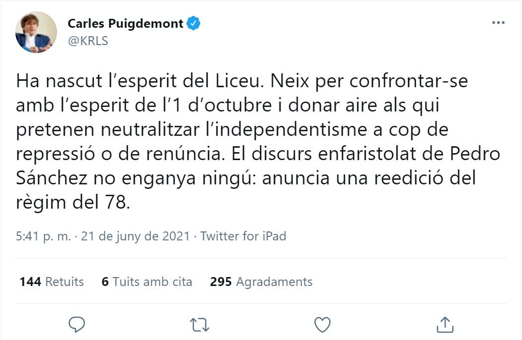 TUIT Carles Puigdemont espíritu Liceu