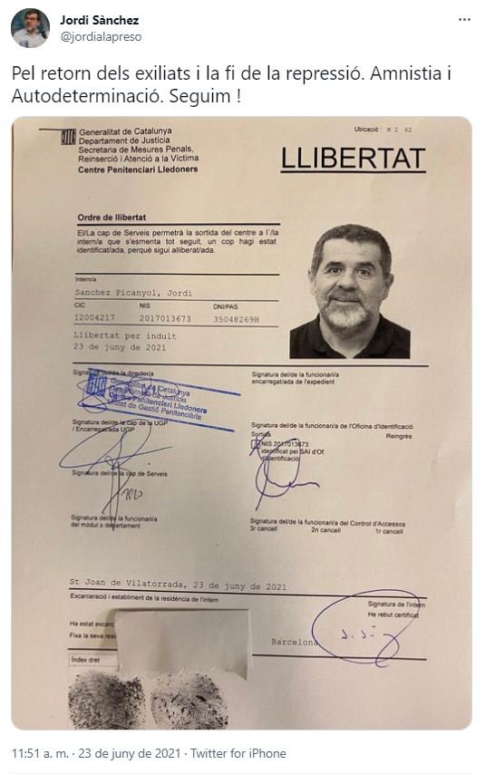 TUIT jordi sànchez firma indulto