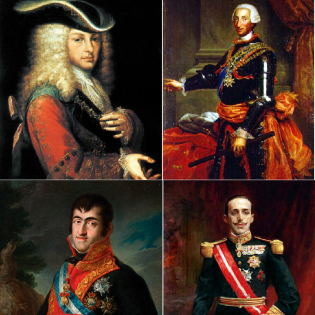 Borbons. Felipe V, Carlos III, Fernando VII i Alfonso XIII
