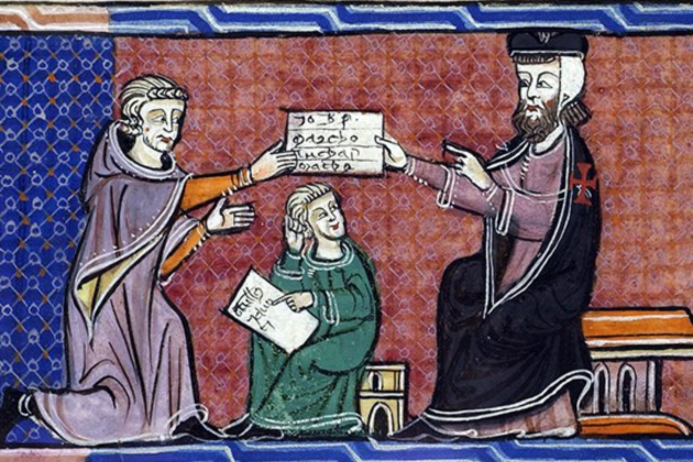 Representación coetánea de nombramiento de un caballero templario. Fuente Museo de Historia de Catalunya