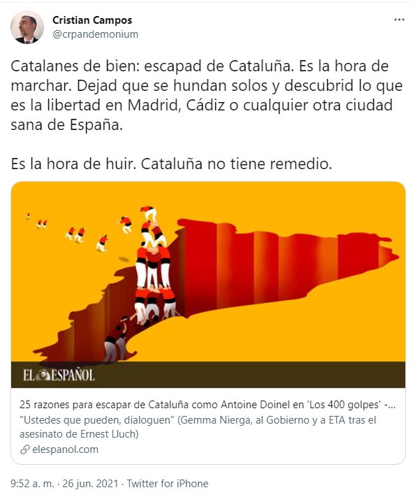 Cristian Campos artículo catalanes huid a España tuit