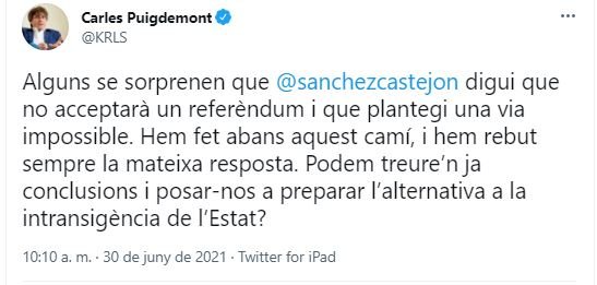 TUIT Carles Puigdemont respuesta pedro Sánchez