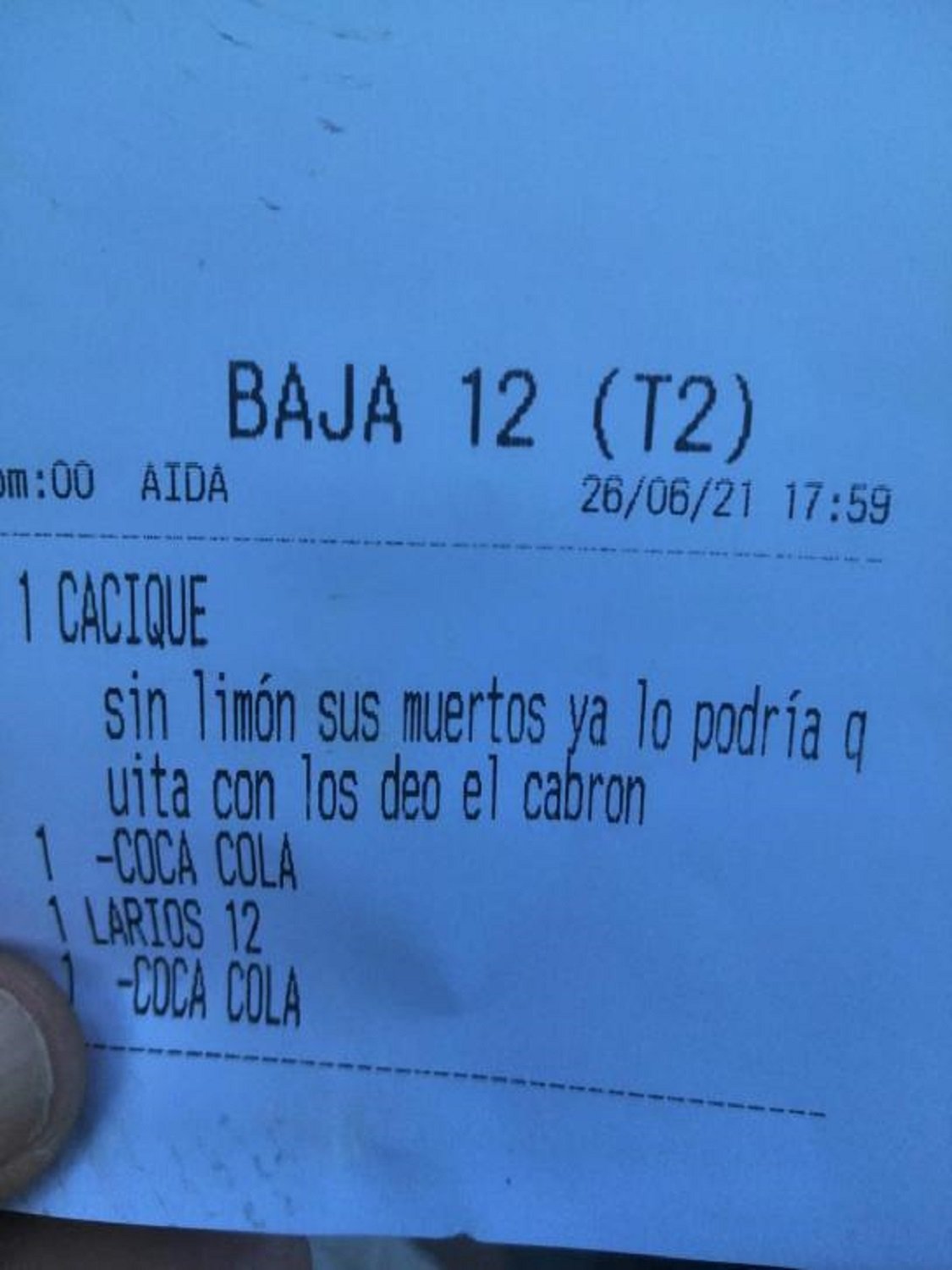 El ticket más viral y subido de tono: "Sin limón sus muertos"