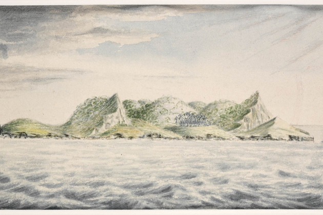 Representación de la costa sur de la isla de Pitcairn (1814). Font Wikiwand (1)