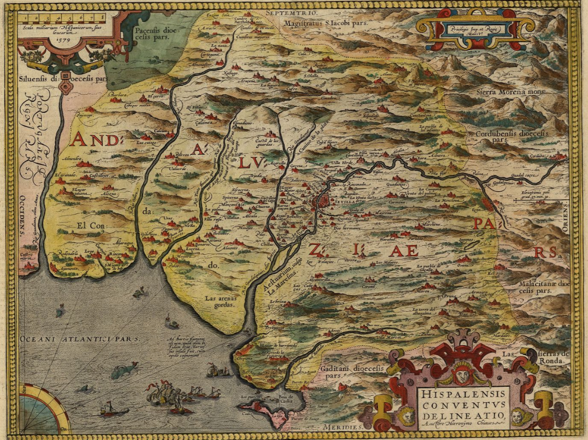 Mapa de la Baja Andalucía, con Sevilla en el centro (1579). Fuente Cartoteca de Catalunya