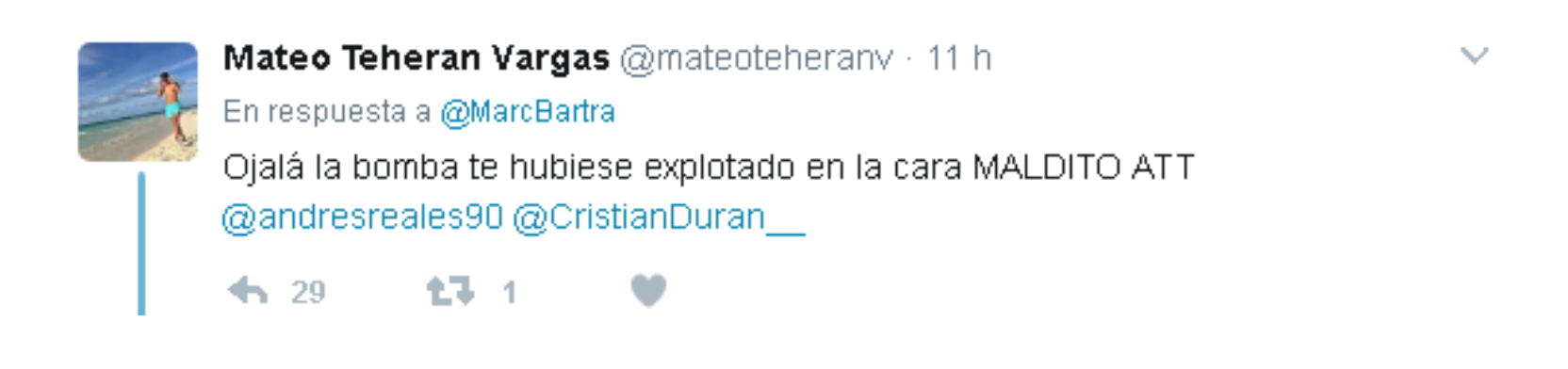 Marc Bartra amenaza muerte tweet Captura pantalla