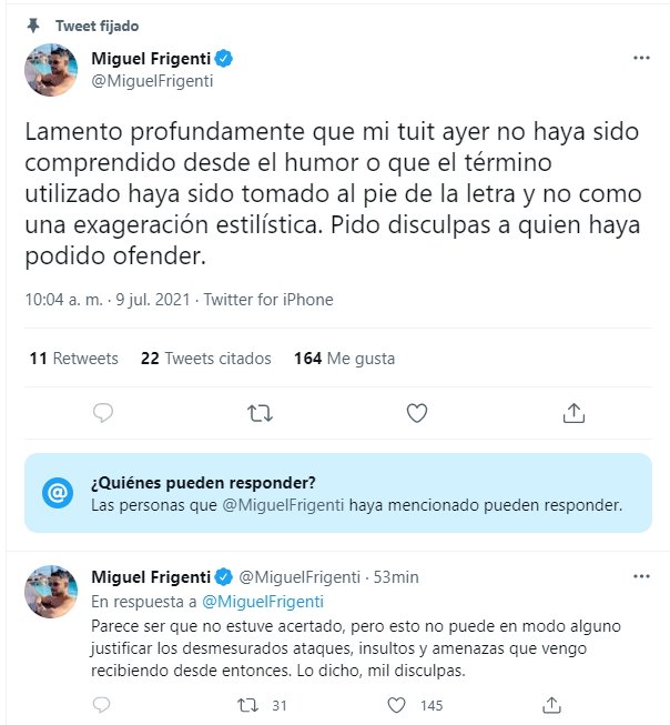 Miguel Frigenti disculpas @miguelfrigenti