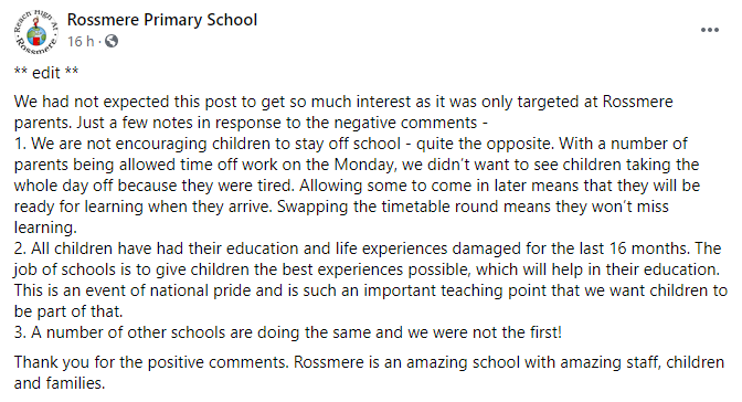 2.º comunicado rossmere primary school