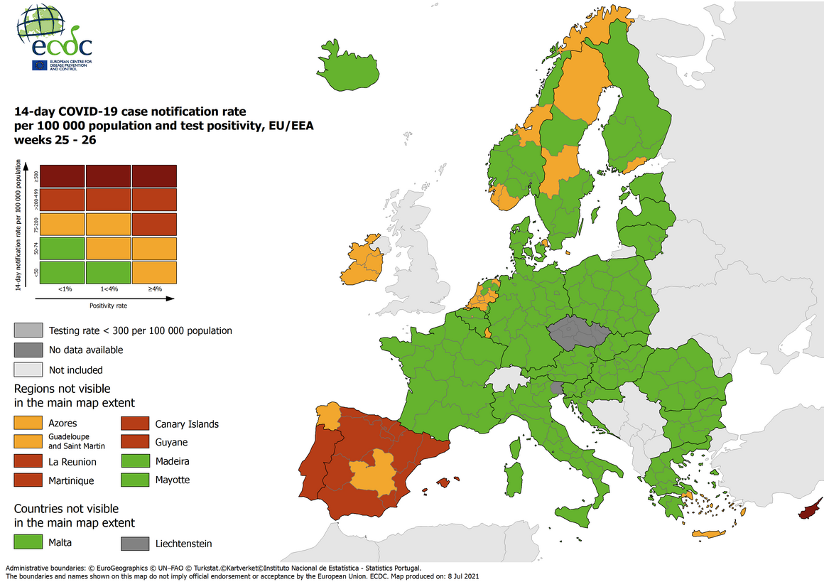 mapa covid ECDC EUROPA Centro Europeo de Prevención y Control de Enfermedades entre el 21 de junio y el 5 de julio