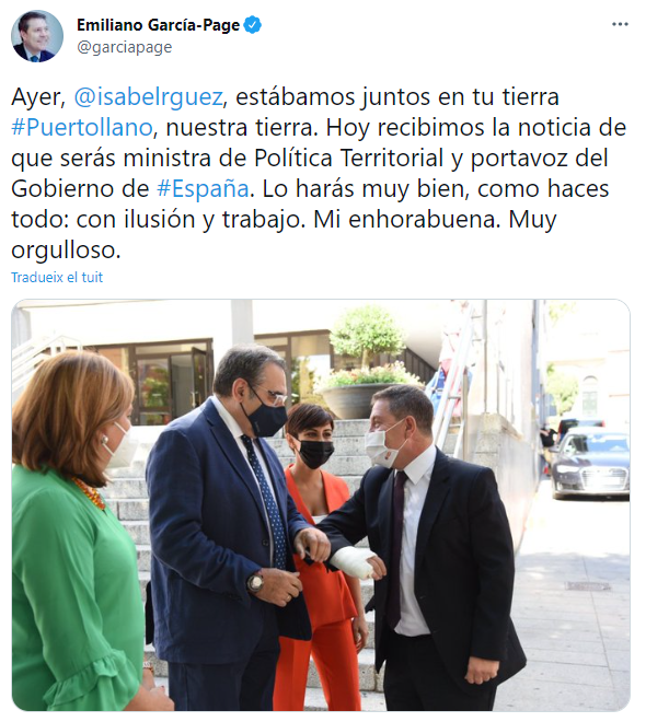 TUIT emiliano garcia page felicita a la ministtra Isabel Rodriguez