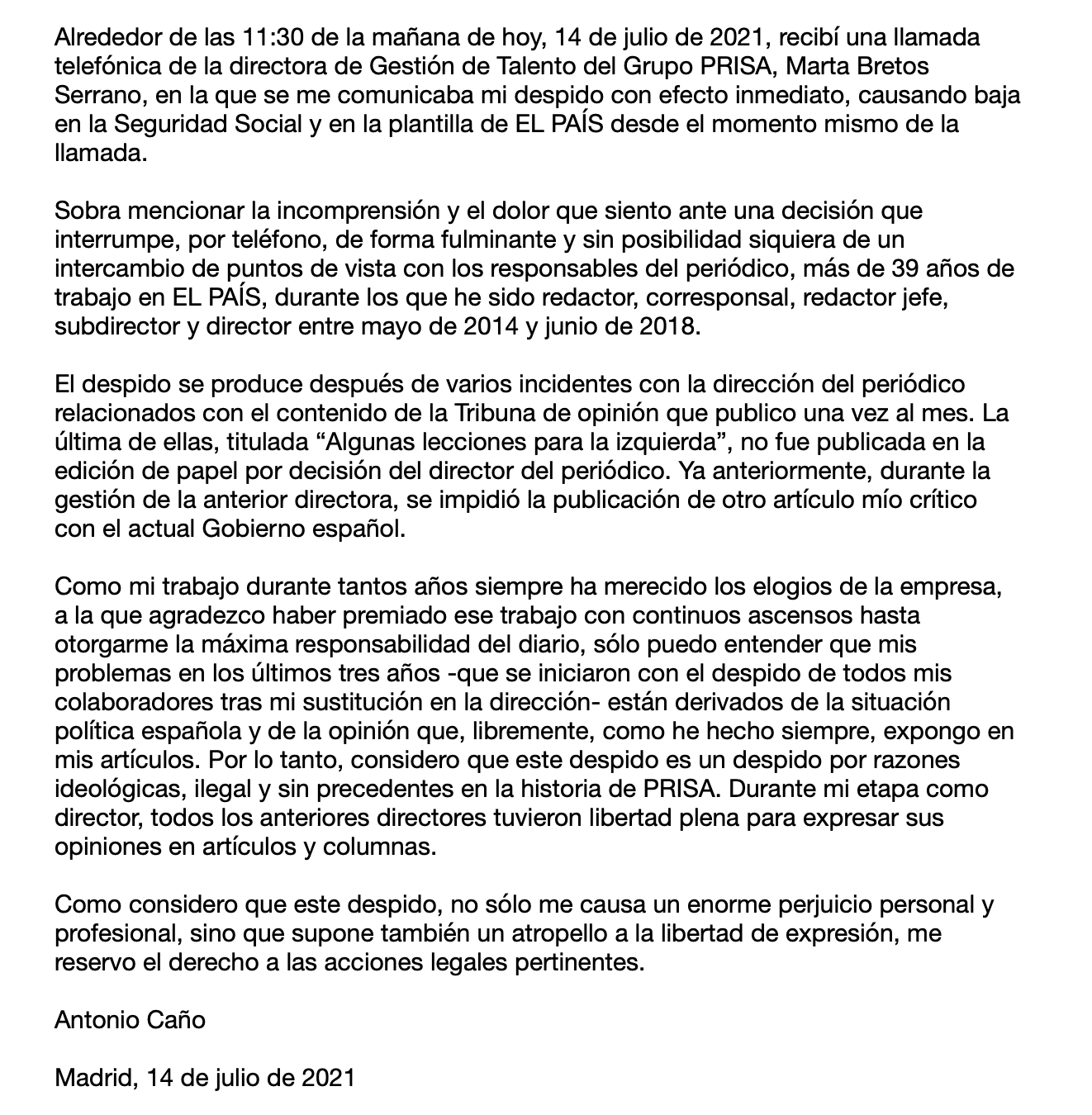 Comunicado Antonio Caño