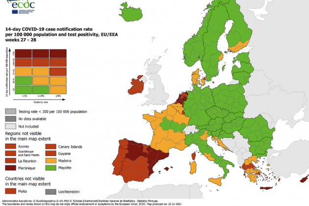 Mapa del Centre Europeu de Prevenció i Control de Malalties de la setmana del 22 de juliol 