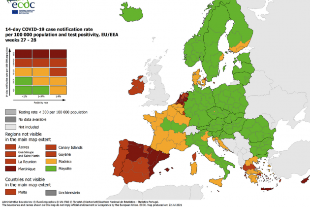 Mapa del Centro Europeo de Prevención y Control de Enfermedades de la semana del 22 de julio 