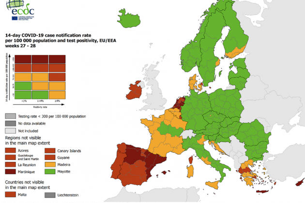 Mapa del Centro Europeo de Prevención y Control de Enfermedades de la semana del 22 de julio 