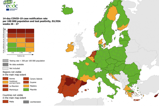 Mapa del Centro Europeo de Prevención y Control de Enfermedades de la semana del 15 de julio 