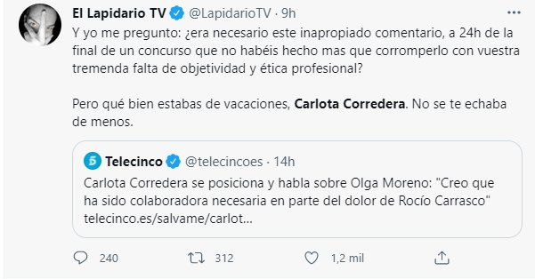 tuit contra Carlota Corredera por ir contra Olga Moreno